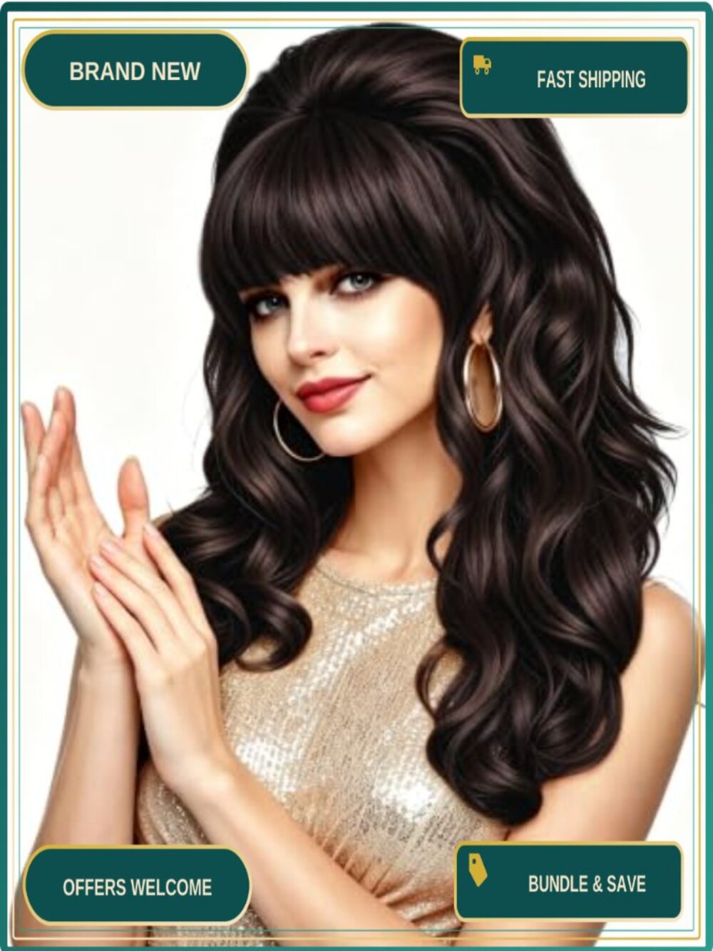 Long Wavy Dark Brown Wig with Bangs Big Bouffant Beehive 80s Costume Halloween